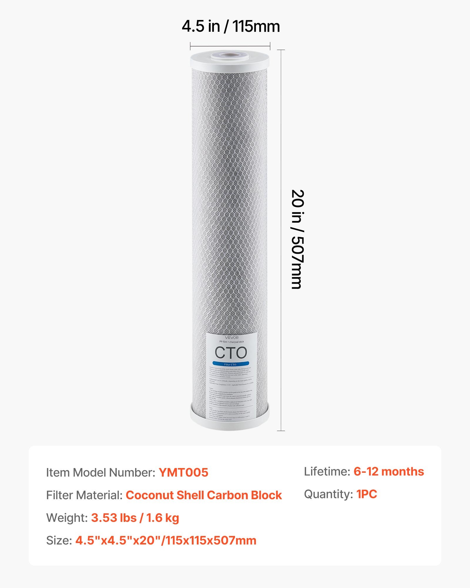 VEVOR Ersatzkartusche für den Wasserfilter für das ganze Haus, 115 x 507 mm CTO-Kohleblock, Ersatzfilter für 3-stufiges Wasserfiltersystem, reduziert Chlor & schlechten Geschmack & Geruch