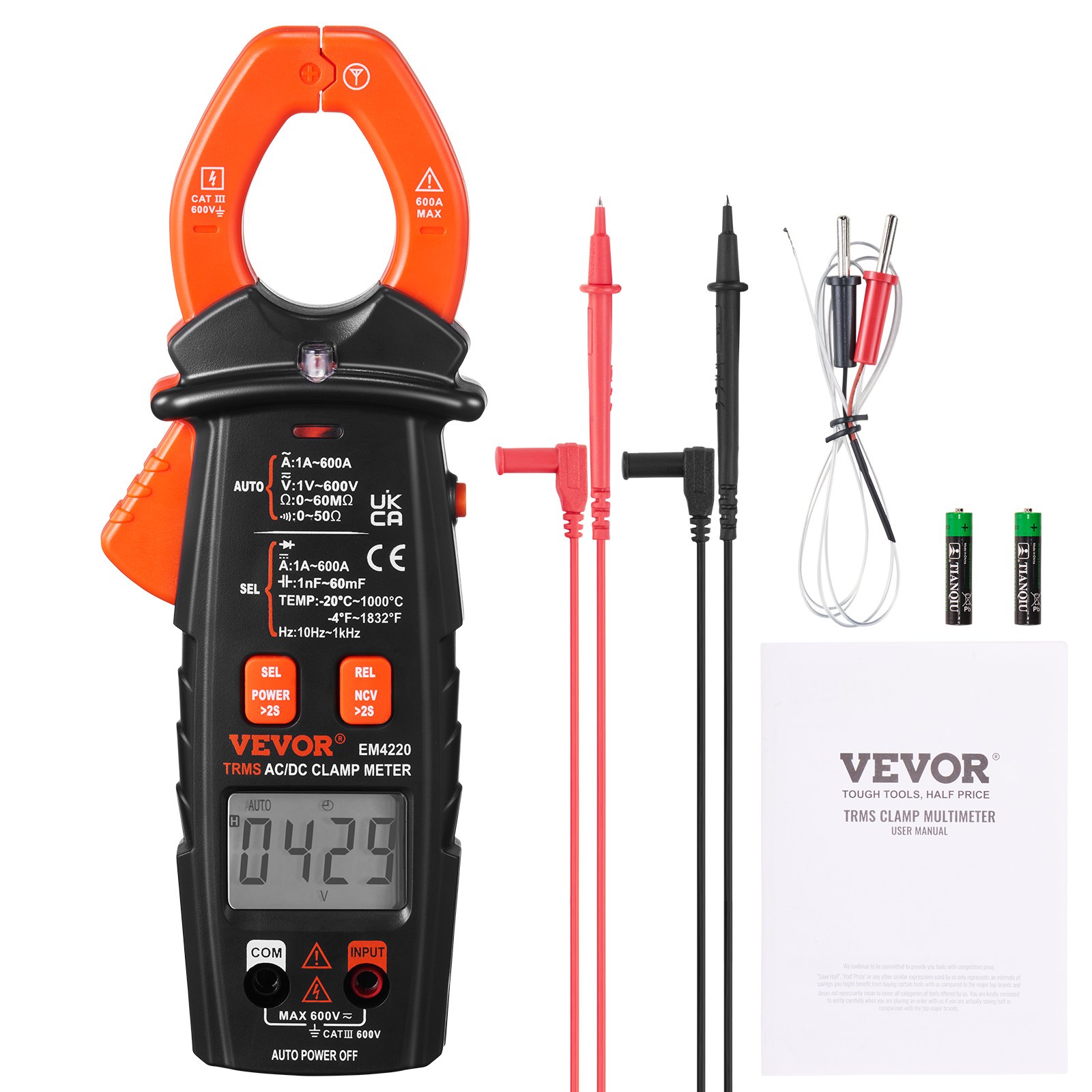 VEVOR Stromzange 600A True-RMS Zangenmultimeter 5999Counts Zangenmessgerät Für Gleich-/Wechselstrom Gleich-/Wechselspannung Frequenz Widerstand Diodentest Ein-/Ausschalttest Kapazitäts-/Relativwert