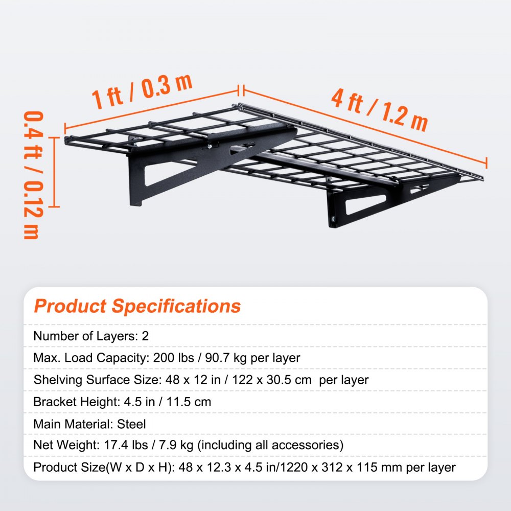 VEVOR Garage Shelf 1220x312x115mm per layer Tool Storage 90.7 kg per layer Tool Holder Wall Mounted 122 x 30.5 cm Shelf Surface Storage Shelves Metal Shelf Tool Organizer Wall Shelves