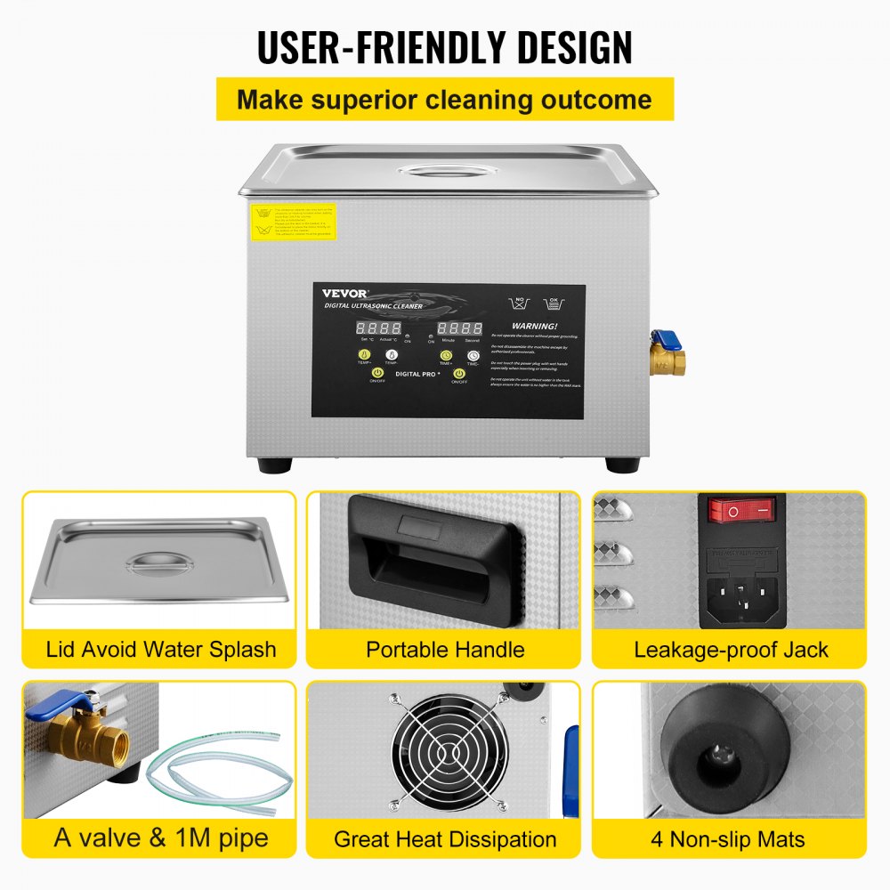 VEVOR 15 L Ultrasonic Cleaner (600 W heating, 360 W ultrasound) Professional digital laboratory ultrasonic parts cleaner with heating timer for cleaning glass dental instruments