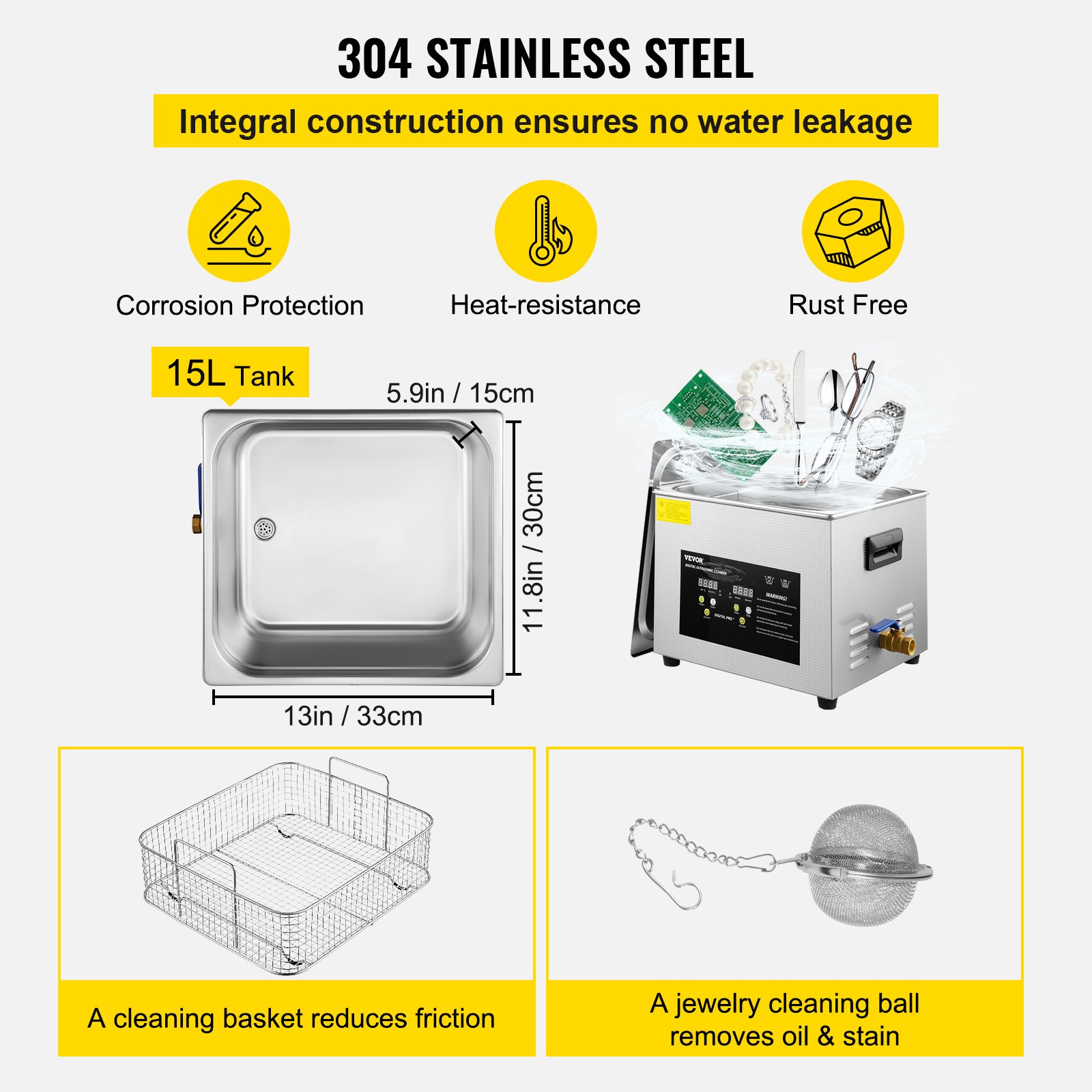 VEVOR 15 L Ultrasonic Cleaner (600 W heating, 360 W ultrasound) Professional digital laboratory ultrasonic parts cleaner with heating timer for cleaning glass dental instruments