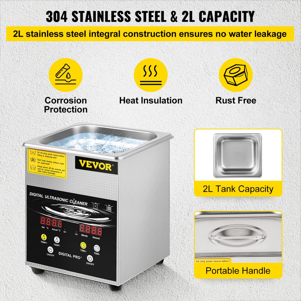 VEVOR 2 L Verbesserter Ultraschallreiniger (100 W Heizung, 60 W Ultraschall) Professioneller digitaler Labor-Ultraschall-Teilereiniger mit Heizungstimer für die Reinigung von Schmuck, Brillenteilen