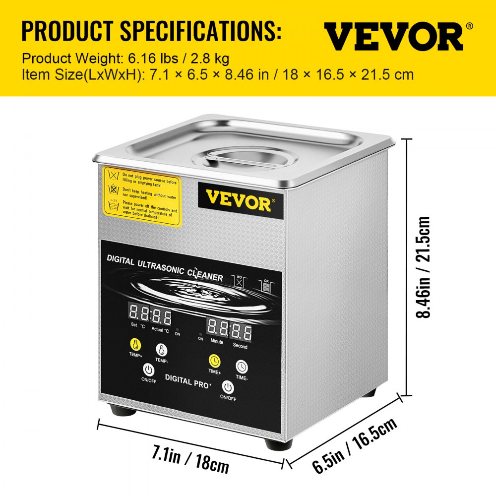 VEVOR 2 L Verbesserter Ultraschallreiniger (100 W Heizung, 60 W Ultraschall) Professioneller digitaler Labor-Ultraschall-Teilereiniger mit Heizungstimer für die Reinigung von Schmuck, Brillenteilen