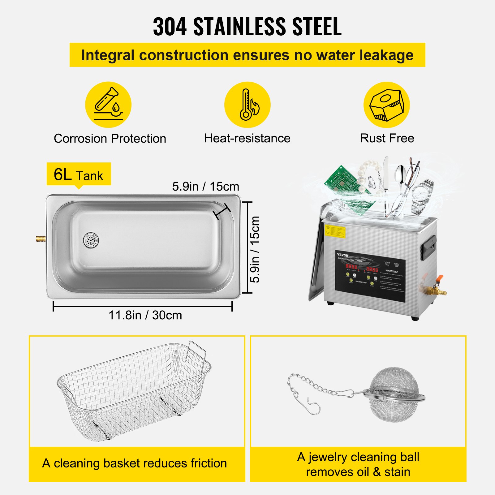 VEVOR 6L Verbesserter Ultraschallreiniger (200 W Heizung, 180 W Ultraschall) Professioneller digitaler Labor-Ultraschall-Teilereiniger mit Heizungstimer für die Reinigung von Schmuck, Brillen
