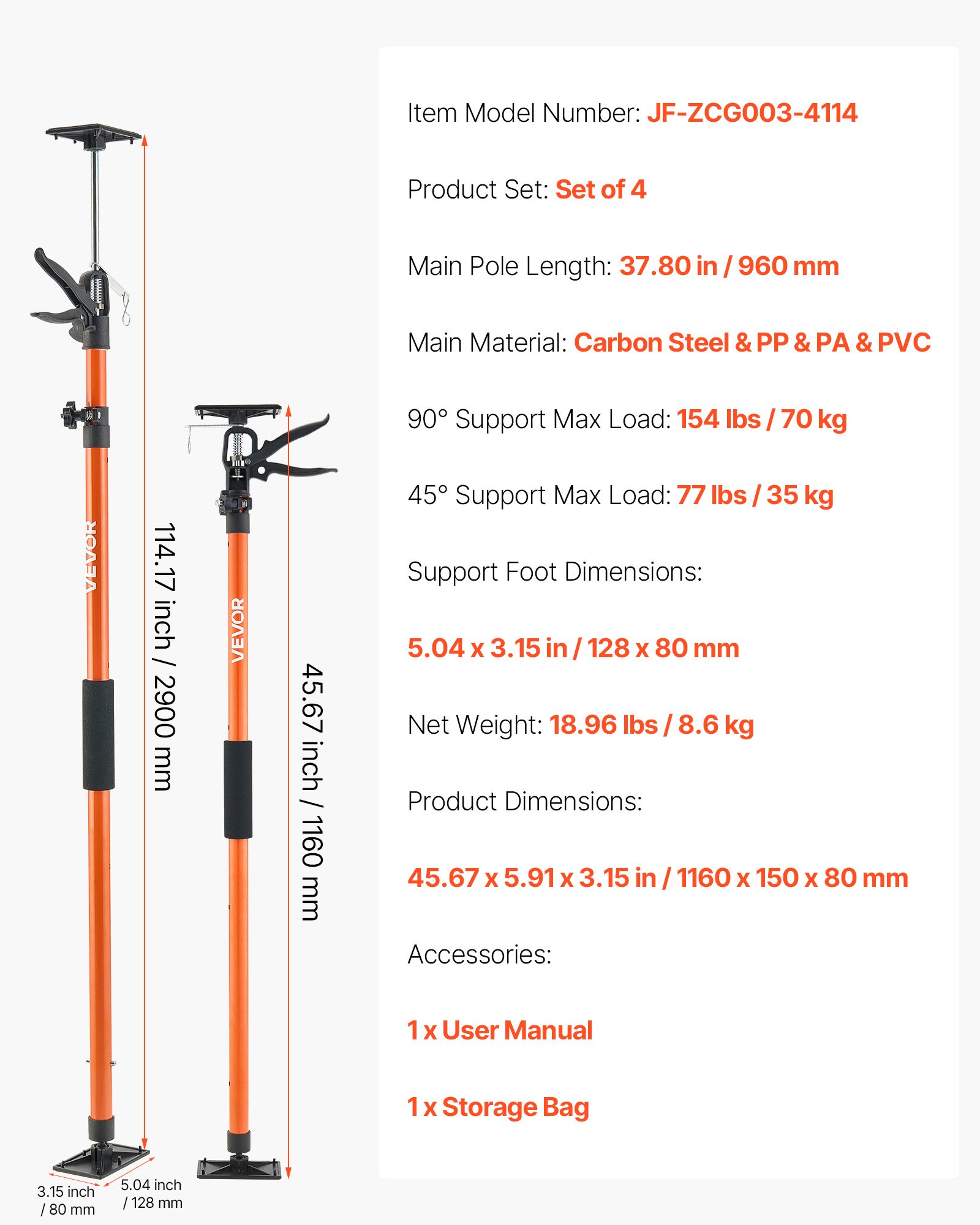 VEVOR Cabinet Jack Support Pole, 4-Pack, 116-290 cm Steel Telescopic Quick Support Rod, Adjustable 3rd Hand System up to 70 kg Capacity for Installing Cabinets, Lifting Drywall, Cargo Bars