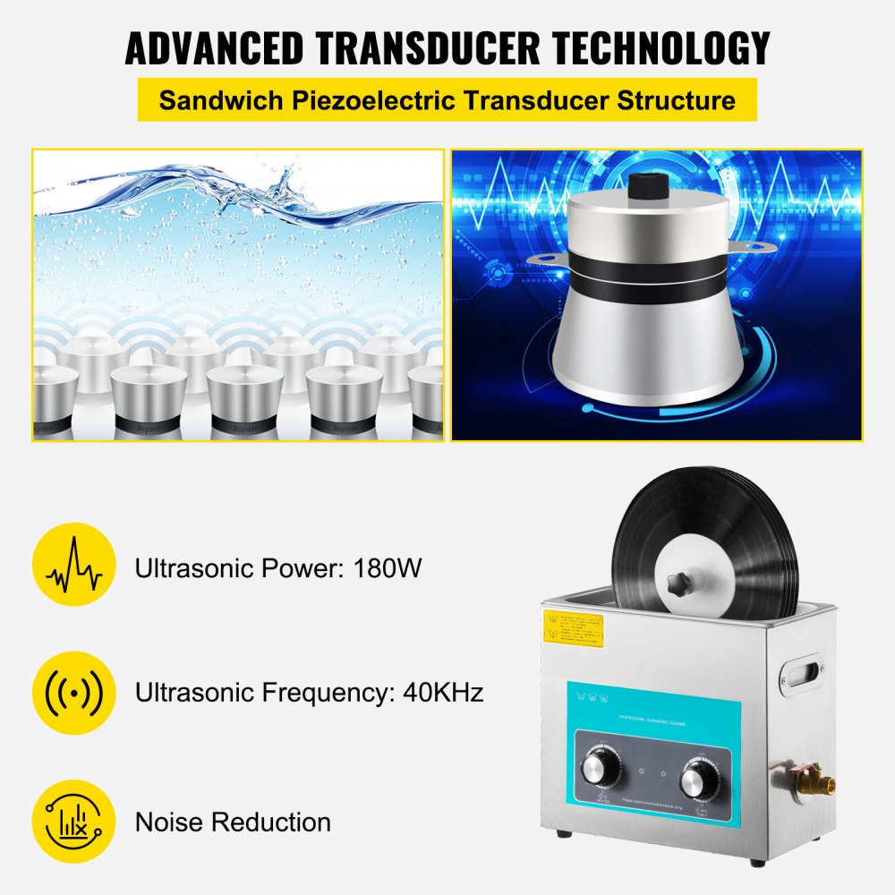 VEVOR 6 L Digital Ultrasonic Record Cleaning Device, Stainless Steel, 33 x 18 x 28.5 cm, Ultrasonic Cleaning Device, Ultrasonic Cleaner, Ultrasonic Unit, Heater, Digital, Glasses, Watches, Jewelry