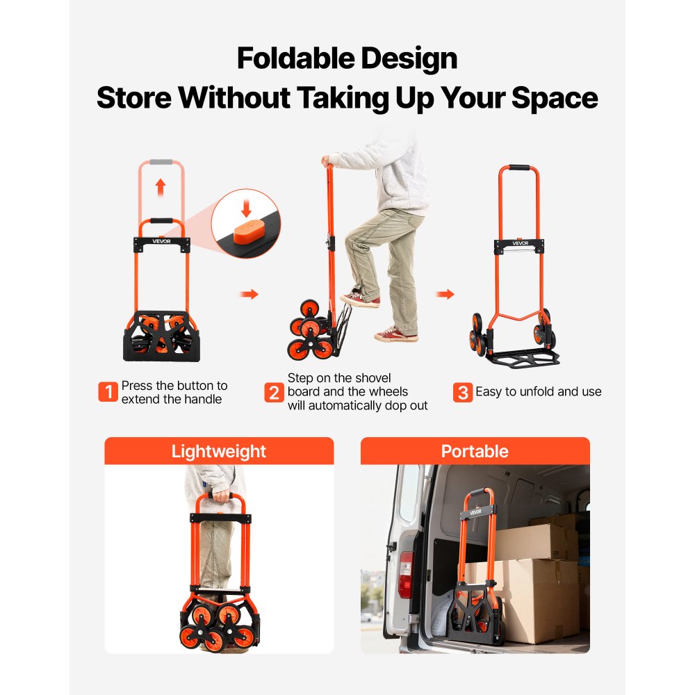 VEVOR Treppensackkarre klappbar, Sackkarre 54 kg Tragkraft, Treppensteiger mit Teleskopgriff, 6 Rädern & 2 Spanngurten, Transportkarre, Treppenkarre, ideal für Haushalt, Einkauf & Lager