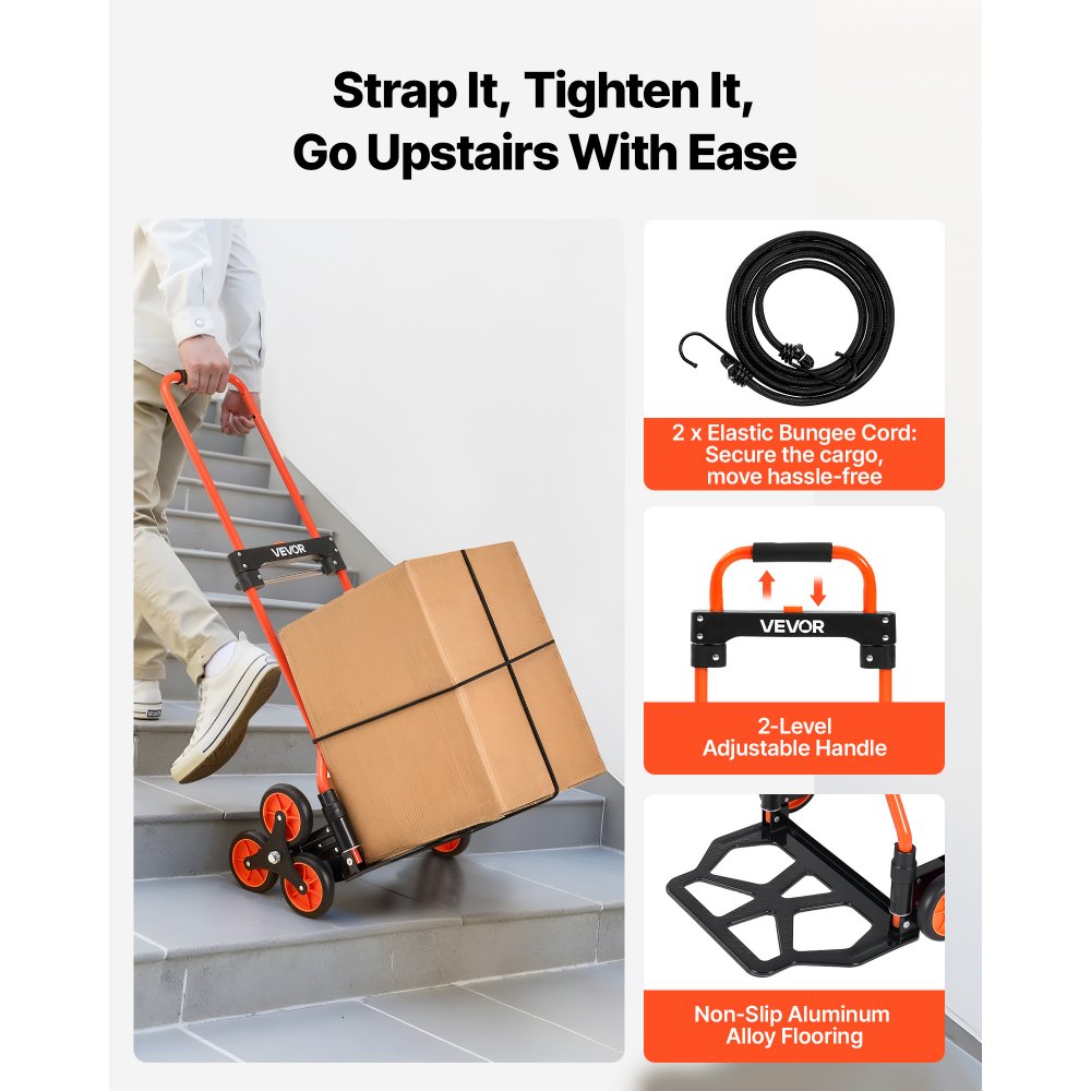VEVOR Treppensackkarre klappbar, Sackkarre 54 kg Tragkraft, Treppensteiger mit Teleskopgriff, 6 Rädern & 2 Spanngurten, Transportkarre, Treppenkarre, ideal für Haushalt, Einkauf & Lager