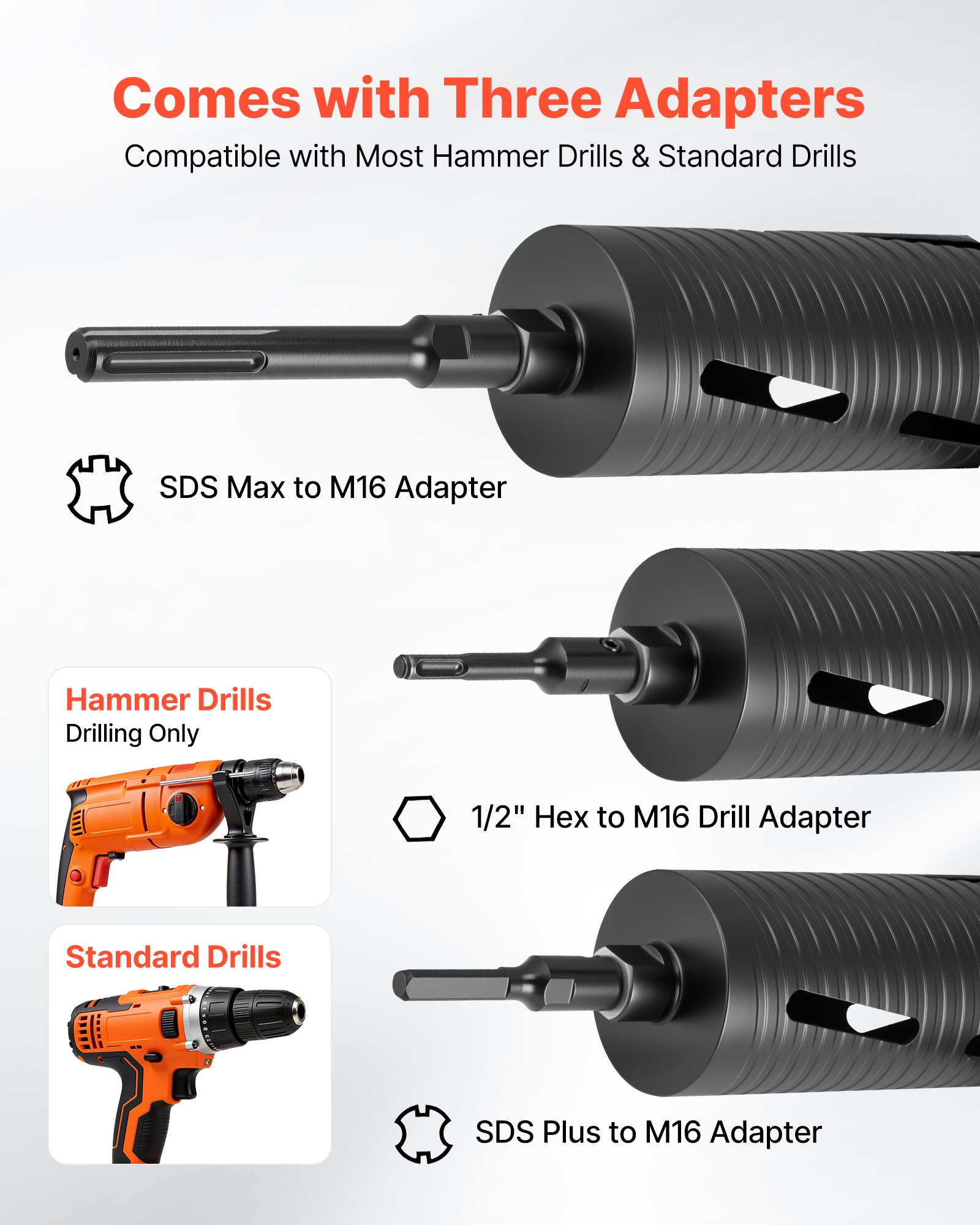 VEVOR Core Drill Bit, 102 mm Diameter, 241 mm Drilling Depth, M16 Internal Thread, Diamond Dry Coring Bit with 3 Adapters, Pilot Drill and Hex Wrench, for Reinforced Concrete, Red Bricks, and Masonry