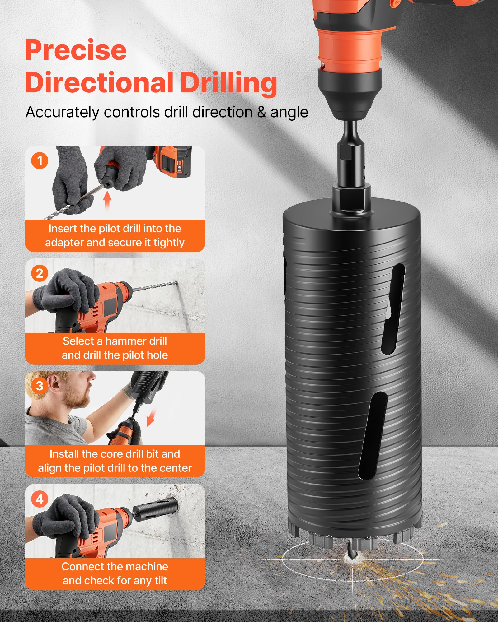 VEVOR Core Drill Bit, 102 mm Diameter, 241 mm Drilling Depth, M16 Internal Thread, Diamond Dry Coring Bit with 3 Adapters, Pilot Drill and Hex Wrench, for Reinforced Concrete, Red Bricks, and Masonry