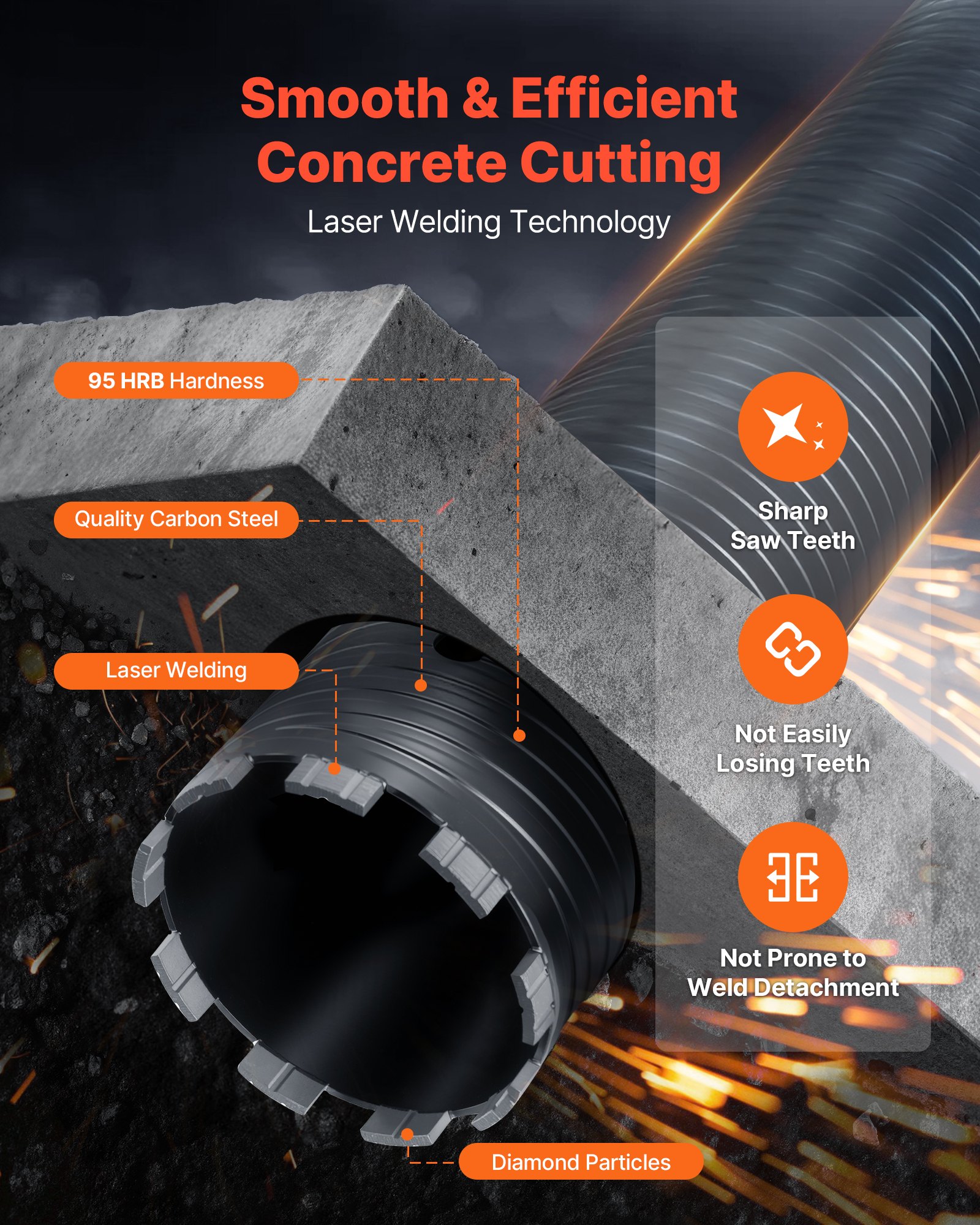 VEVOR Core Drill Bit, 102 mm Diameter, 241 mm Drilling Depth, M16 Internal Thread, Diamond Dry Coring Bit with 3 Adapters, Pilot Drill and Hex Wrench, for Reinforced Concrete, Red Bricks, and Masonry