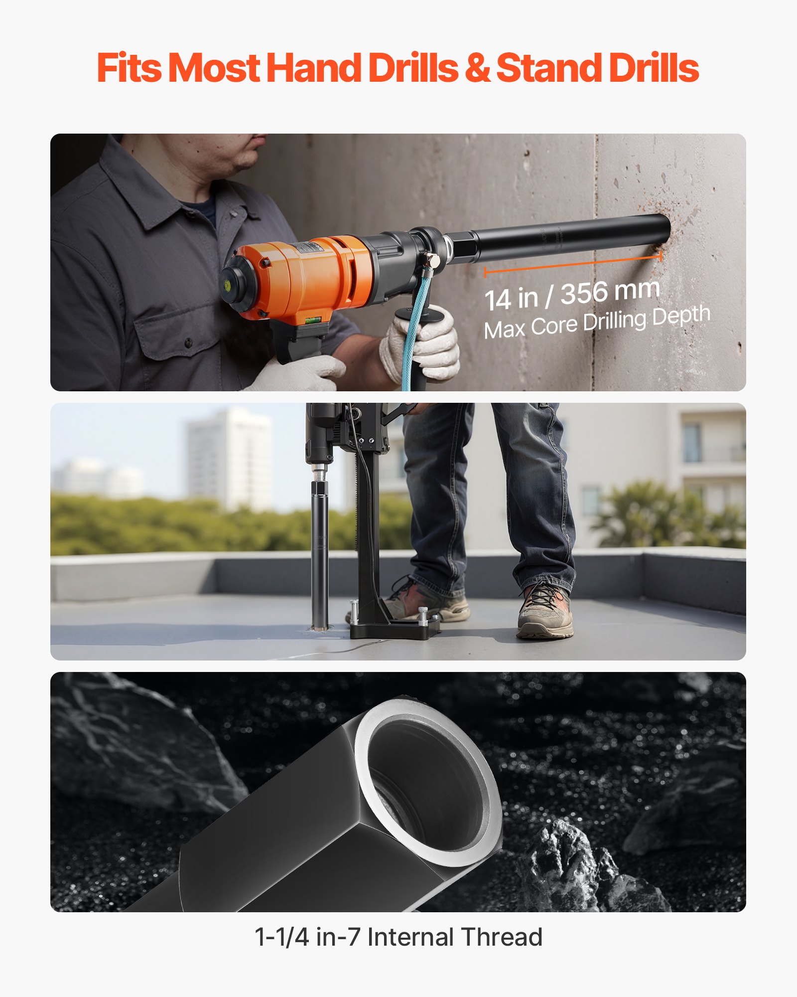 VEVOR Kernbohrer Bohrkrone 6-tlg. φ 25,4 / 50,8 / 76,2 / 101,6 / 127,0 / 152,4 mm, 356 mm Bohrtiefe, 1-1/4 Zoll-7 Innengewinde, Nass-Diamantkernbohrer Kernlochbohrer für Stahlbeton Ziegel Mauerwerk