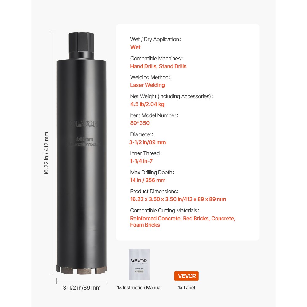 VEVOR Kernbohrer Bohrkrone φ 89 mm 356 mm Bohrtiefe, 1-1/4 Zoll-7 Innengewinde, Hochpräzisions-Schweißtechnologie, Nass-Diamantkernbohrer Kernlochbohrer für Stahlbeton Ziegel Mauerwerk