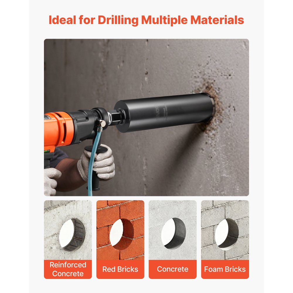 VEVOR Core Drill Bit, 102 mm Diameter, 356 mm Drilling Depth, 1-1/4 in-7 Internal Thread, High-Precision Welding Technology, Wet Diamond Core Bit for Reinforced Concrete, Red Bricks, and Masonry