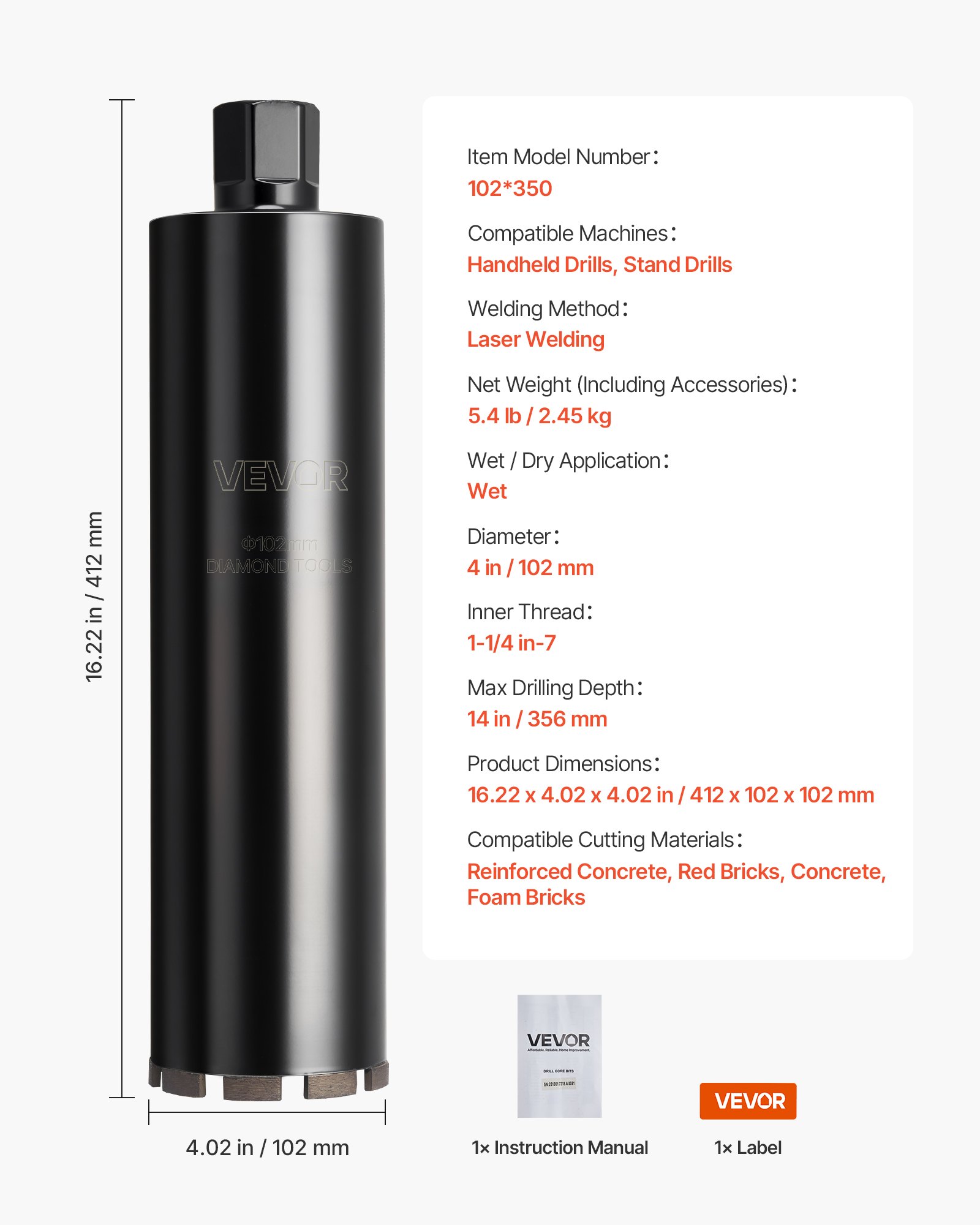 VEVOR Core Drill Bit, 102 mm Diameter, 356 mm Drilling Depth, 1-1/4 in-7 Internal Thread, High-Precision Welding Technology, Wet Diamond Core Bit for Reinforced Concrete, Red Bricks, and Masonry