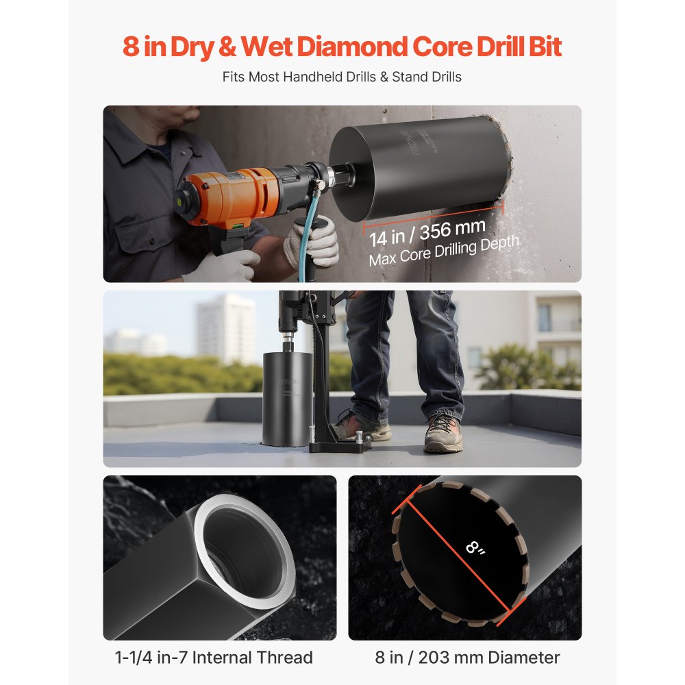 VEVOR Core Drill Bit, 203 mm Diameter, 356 mm Drilling Depth, 1-1/4 in-7 Internal Thread, High-Precision Welding Technology, Wet Diamond Core Bit for Reinforced Concrete, Red Bricks, and Masonry