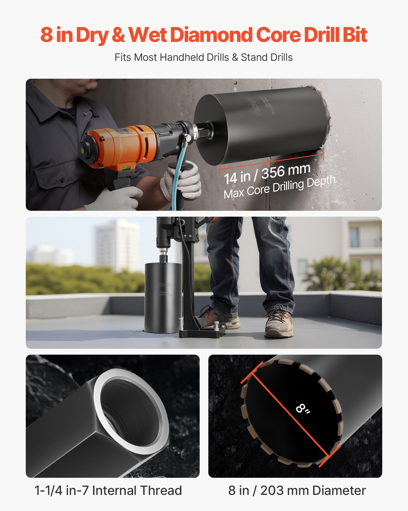 VEVOR Core Drill Bit, 203 mm Diameter, 356 mm Drilling Depth, 1-1/4 in-7 Internal Thread, High-Precision Welding Technology, Wet Diamond Core Bit for Reinforced Concrete, Red Bricks, and Masonry
