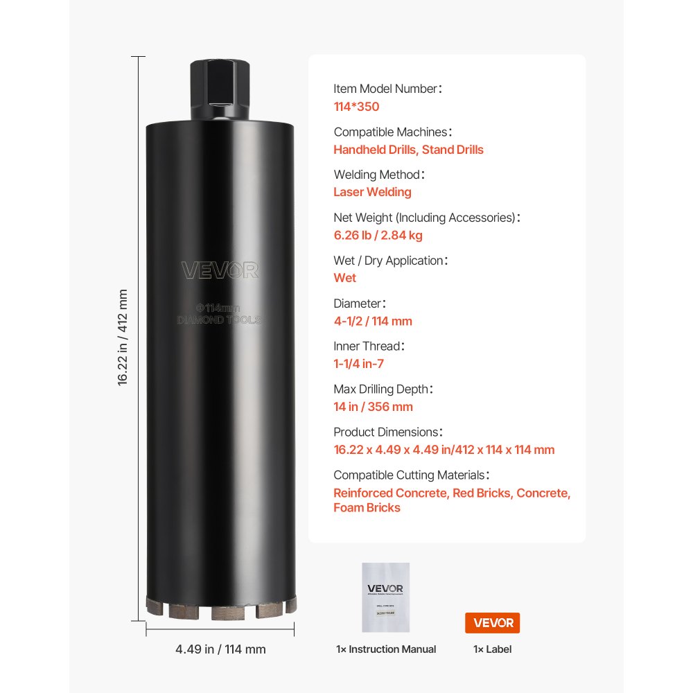 VEVOR Kernbohrer Bohrkrone φ 114 mm 356 mm Bohrtiefe, 1-1/4 Zoll-7 Innengewinde, Hochpräzisions-Schweißtechnologie, Nass-Diamantkernbohrer Kernlochbohrer für Stahlbeton Ziegel Mauerwerk
