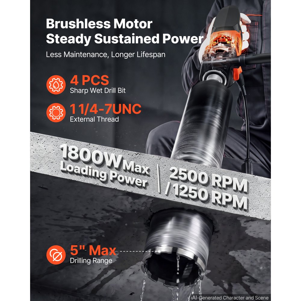 VEVOR Kernbohrgerät 1800W Diamantkernbohrmaschine bis 132mm mit 4 Bohrern, Trocken- & Nassbohren, Handkernbohrgerät, Bürstenloser Motor, 1250/2500 U/min, UNC1 1/4–7 Gewinde für Beton, Ziegel & Stein