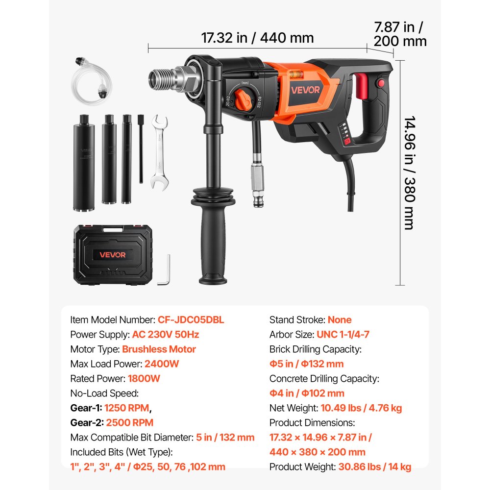 VEVOR Kernbohrgerät 1800W Diamantkernbohrmaschine bis 132mm mit 4 Bohrern, Trocken- & Nassbohren, Handkernbohrgerät, Bürstenloser Motor, 1250/2500 U/min, UNC1 1/4–7 Gewinde für Beton, Ziegel & Stein