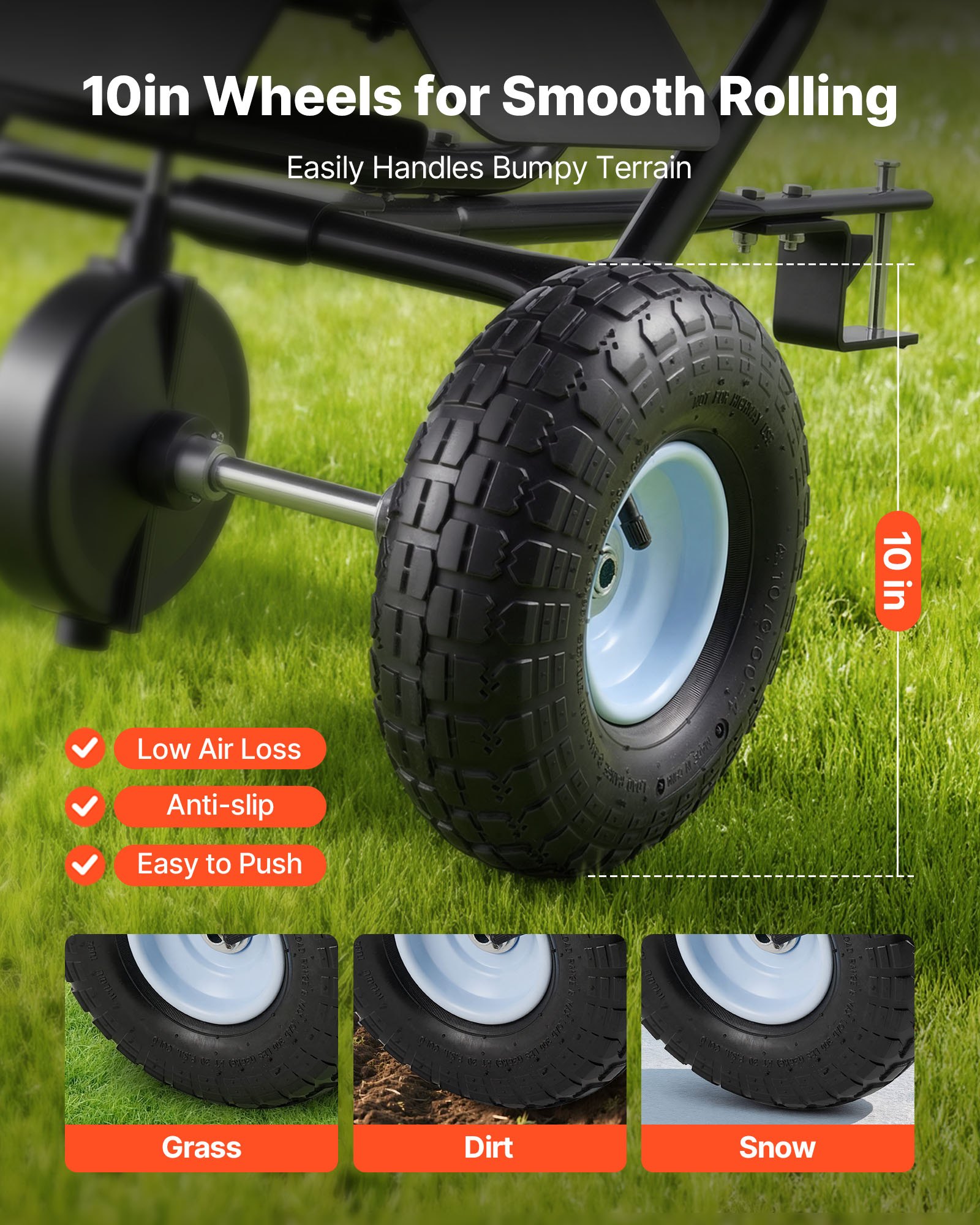 VEVOR Streuwagen 38,6 kg Fassungsvermögen, Schleuderstreuer Anhängestreuer 3 m Streubreite, Streuanhänger mit 25,4 cm Reifen, einstellbare Streumenge, Rasenstreuer für Saatgut, Dünger & Streusalz