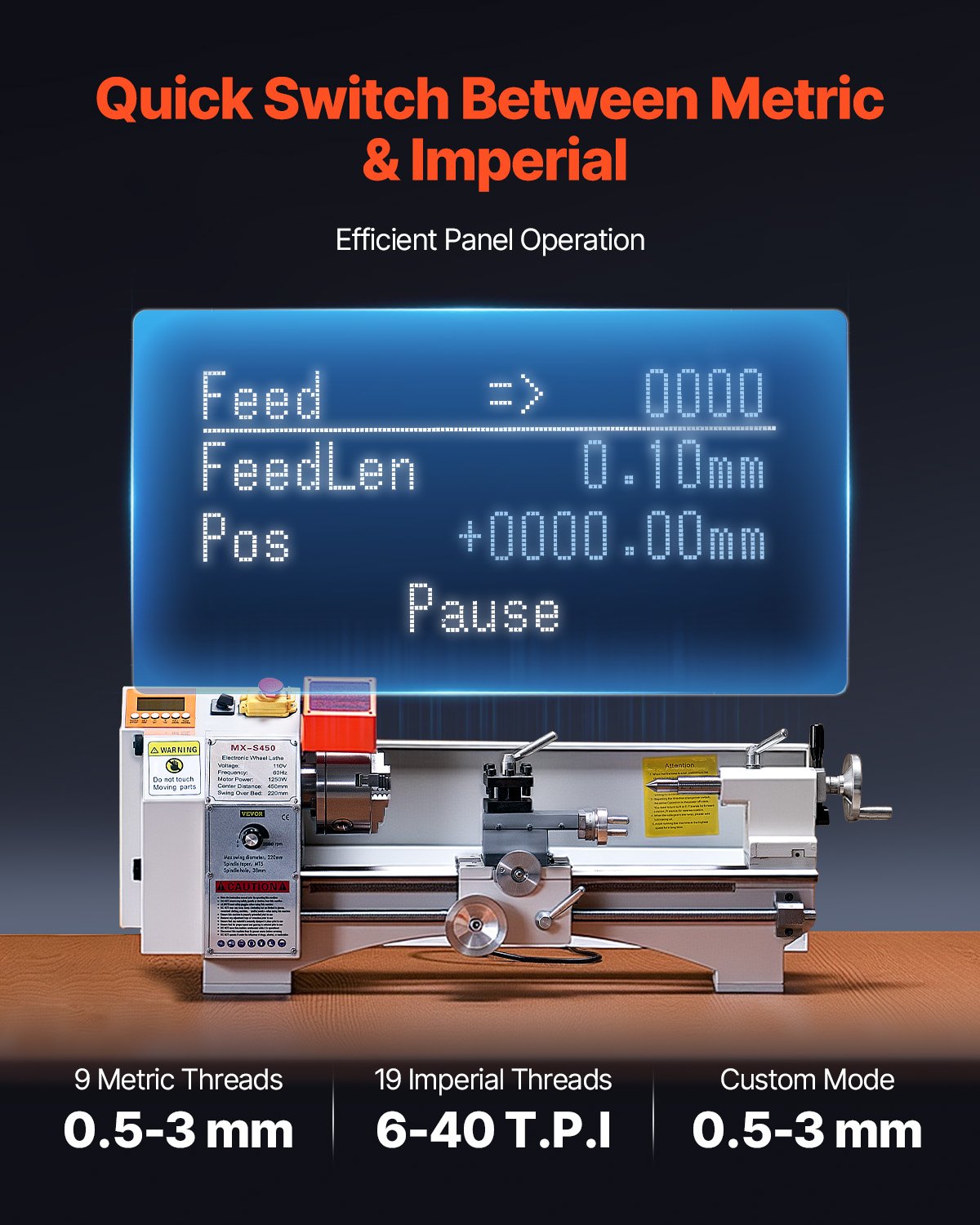 VEVOR Metalldrehmaschine 220x450 mm Tischdrehmaschine Automatischer Vorschub 2500 U/min Drehzahl 1250 W Bürstenloser Motor, mit Zubehör, Drehmaschine für die Bearbeitung von Präzisionsteilen