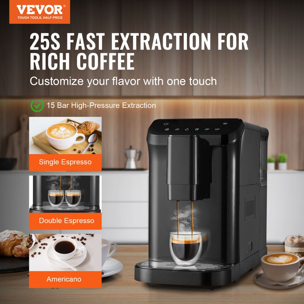 VEVOR Automatische Espressomaschine, Eingebaute Mühle, 15 Bar automatische Kaffeemaschine mit 15 Mahlgradeinstellungen, Professionelle Espressomaschine mit 1,5 L Wassertank und 180 g Bohnenbehälter