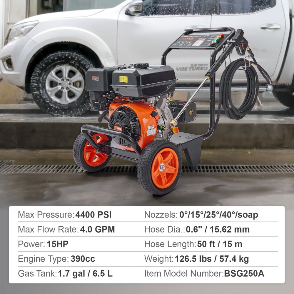 VEVOR Gas-Hochdruckreiniger, 4400 PSI 4,0 GPM, gasbetriebener Hochdruckreiniger mit Kupferpumpe, Spritzpistole und Verlängerungsstab, 5 Schnellanschlussdüsen, zum Reinigen von Autos, Häusern, Einfahrt