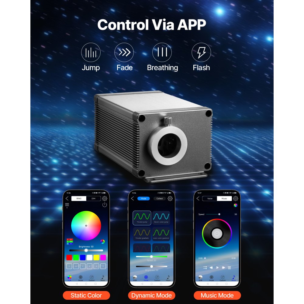 VEVOR Sternenhimmel Auto, 450 Stk., 16 W Glasfaser-Sternen-Deckenlichter fürs Auto, Bluetooth-App, Fernbedienung, Soundaktivierung, RGBW-Lichtmotor, für die Dekoration im Schlafzimmer zu Hause