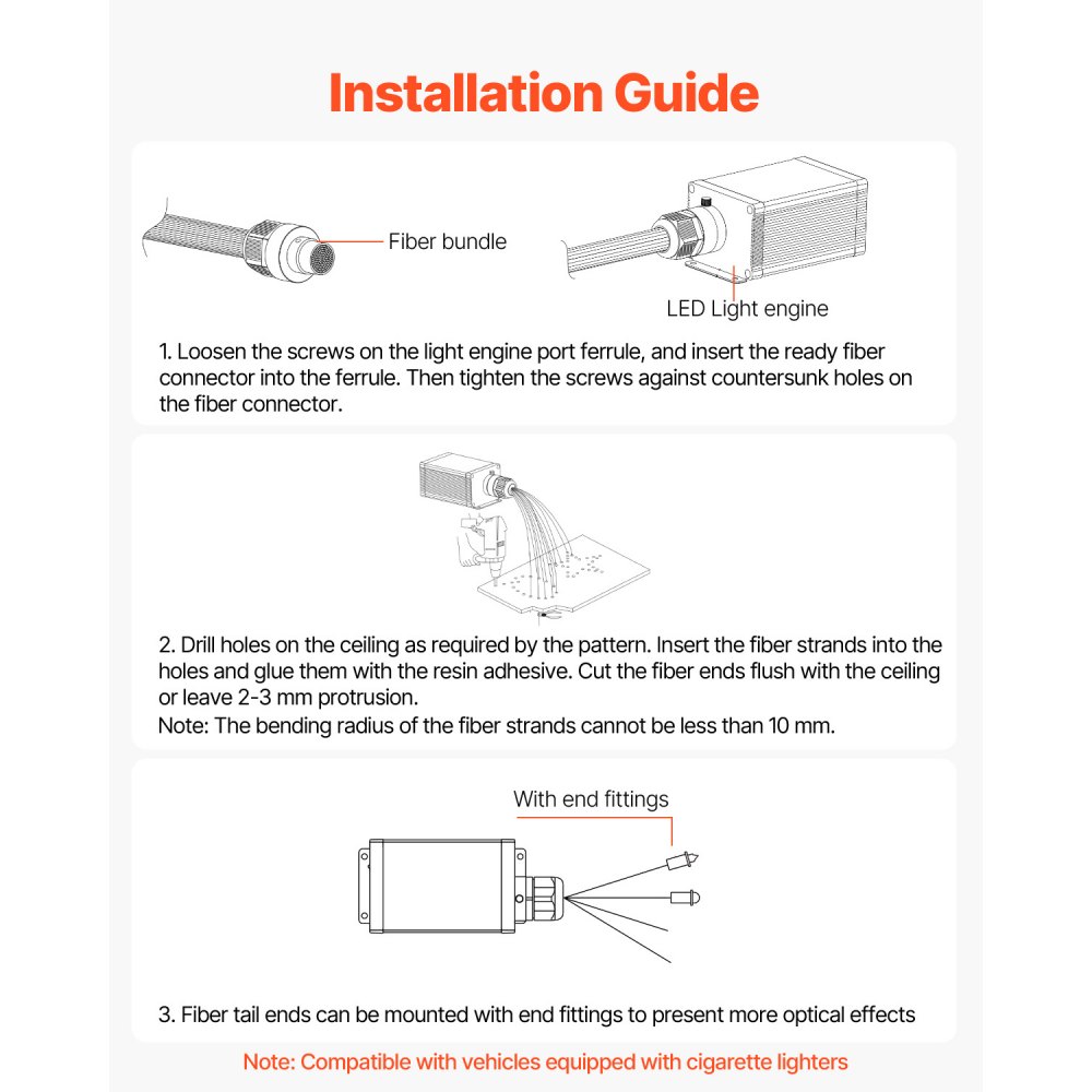 VEVOR Sternenhimmel Auto, 450 Stk., 16 W Glasfaser-Sternen-Deckenlichter fürs Auto, Bluetooth-App, Fernbedienung, Soundaktivierung, RGBW-Lichtmotor, für die Dekoration im Schlafzimmer zu Hause