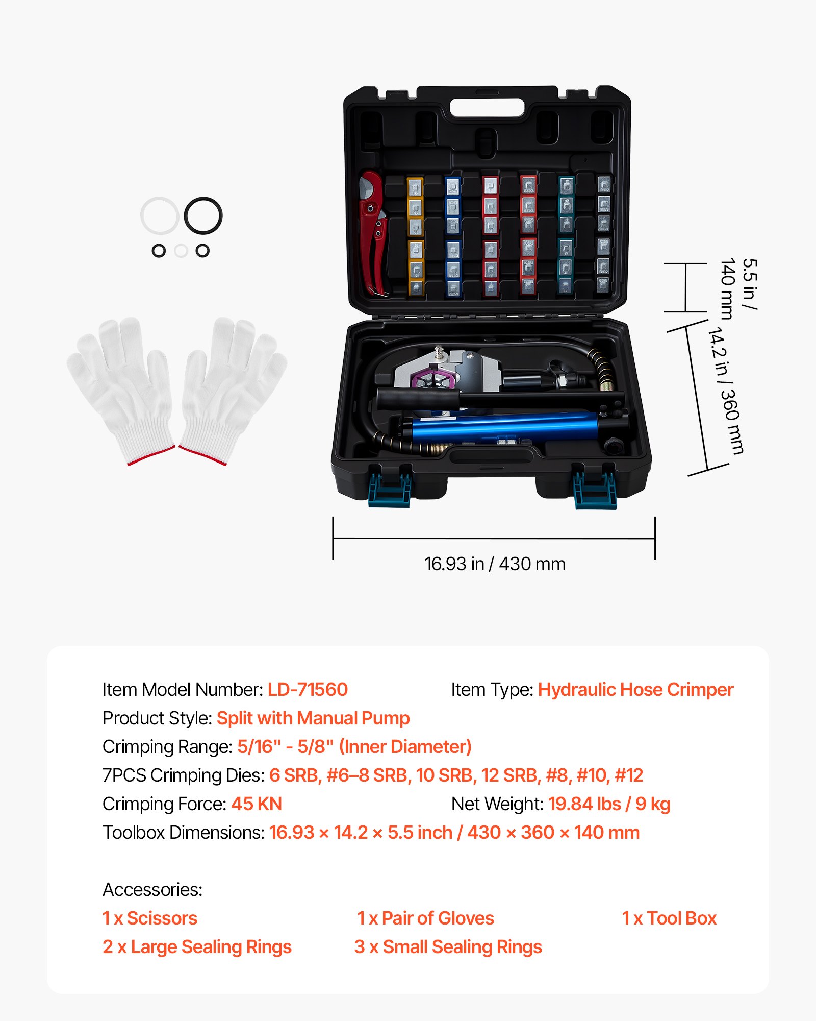 VEVOR Hydraulikschlauch-Crimpzange, Hydraulikschlauchpresse mit 7 Snap-On-Einsätzen & Tragekoffer, für Klimaanlagenschläuche zur Reparatur von Fahrzeugen & Klimaanlagen (mit Handpumpe)