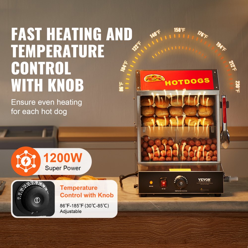 VEVOR Hot Dog Dampfgarer, 27L, 2-stufiger Hot Dog Hütten-Dampfgarer, 30℃~85℃ Temperaturregelung, elektrischer Brötchenwärmer mit Schiebetüren aus gehärtetem Glas, Trennplattenzange, Edelstahl, für Hot Dogs & Brötchen