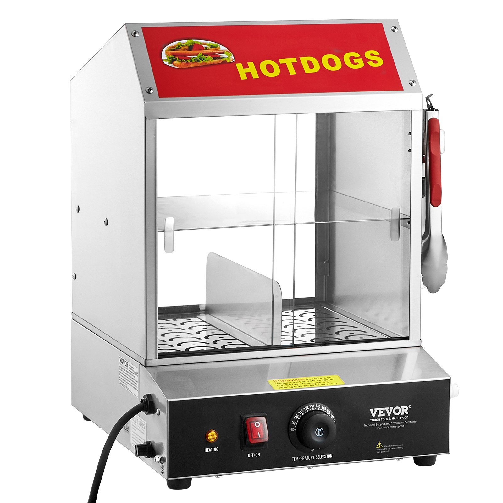 VEVOR Hot Dog Dampfgarer, 27L, 2-stufiger Hot Dog Hütten-Dampfgarer, 30℃~85℃ Temperaturregelung, elektrischer Brötchenwärmer mit Schiebetüren aus gehärtetem Glas, Trennplattenzange, Edelstahl, für Hot Dogs & Brötchen