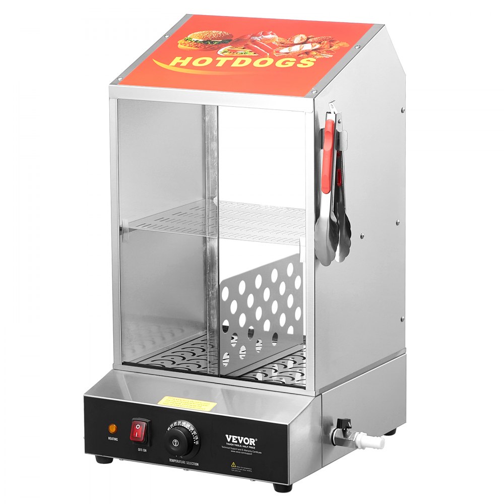 VEVOR Hot Dog Dampfgarer, 37L, 2-stufiger Hot Dog Hütten-Dampfgarer, 30℃~85℃ Temperaturregelung, elektrischer Brötchenwärmer mit Schiebetüren aus gehärtetem Glas, Trennplattenzange, Edelstahl, für Hot Dogs & Brötchen