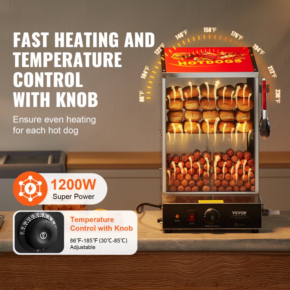 VEVOR Hot Dog Dampfgarer, 37L, 2-stufiger Hot Dog Hütten-Dampfgarer, 30℃~85℃, elektrischer Brötchenwärmer mit Schiebetüren aus gehärtetem Glas, Trennplattenzange, für Hot Dogs & Brötchen
