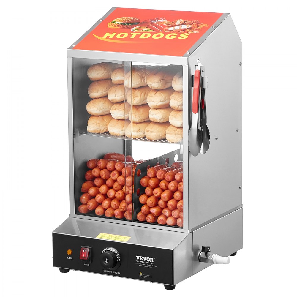 VEVOR Hot Dog Dampfgarer, 37L, 2-stufiger Hot Dog Hütten-Dampfgarer, 30℃~85℃, elektrischer Brötchenwärmer mit Schiebetüren aus gehärtetem Glas, Trennplattenzange, für Hot Dogs & Brötchen