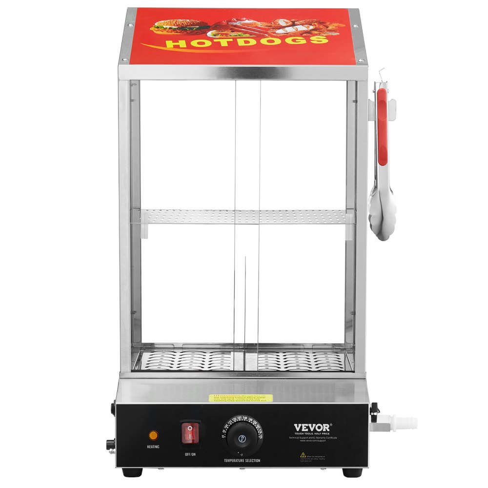 VEVOR Hot Dog Dampfgarer, 37L, 2-stufiger Hot Dog Hütten-Dampfgarer, 30℃~85℃, elektrischer Brötchenwärmer mit Schiebetüren aus gehärtetem Glas, Trennplattenzange, für Hot Dogs & Brötchen