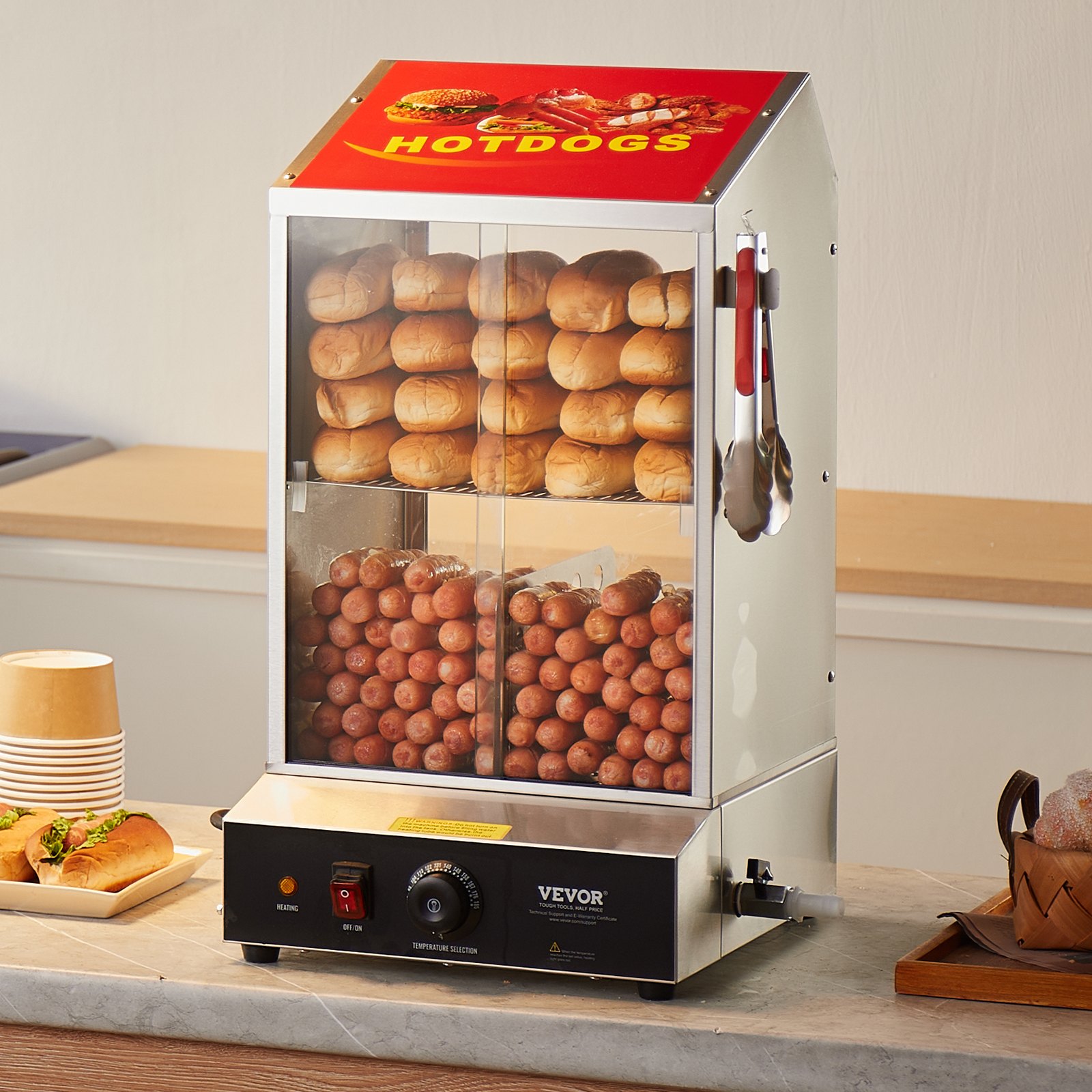 VEVOR Hot Dog Dampfgarer, 37L, 2-stufiger Hot Dog Hütten-Dampfgarer, 30℃~85℃ Temperaturregelung, elektrischer Brötchenwärmer mit Schiebetüren aus gehärtetem Glas, Trennplattenzange, Edelstahl, für Hot Dogs & Brötchen