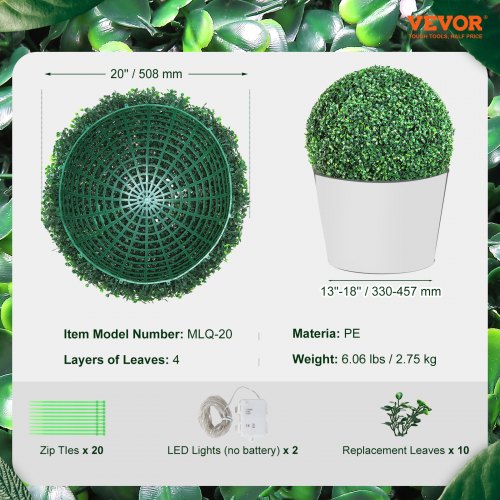 VEVOR 2x Buchsbaumkugel Knstlich 50,8cm Garten Deko Buchsbaum Kugel  knstlich Buchskugel Kunstpflanze aus PE, Holz, PP inkl. 2 Stk. Dekorative  LED-Leuchten und 10 Stk. Ersatzbltter | VEVOR DE