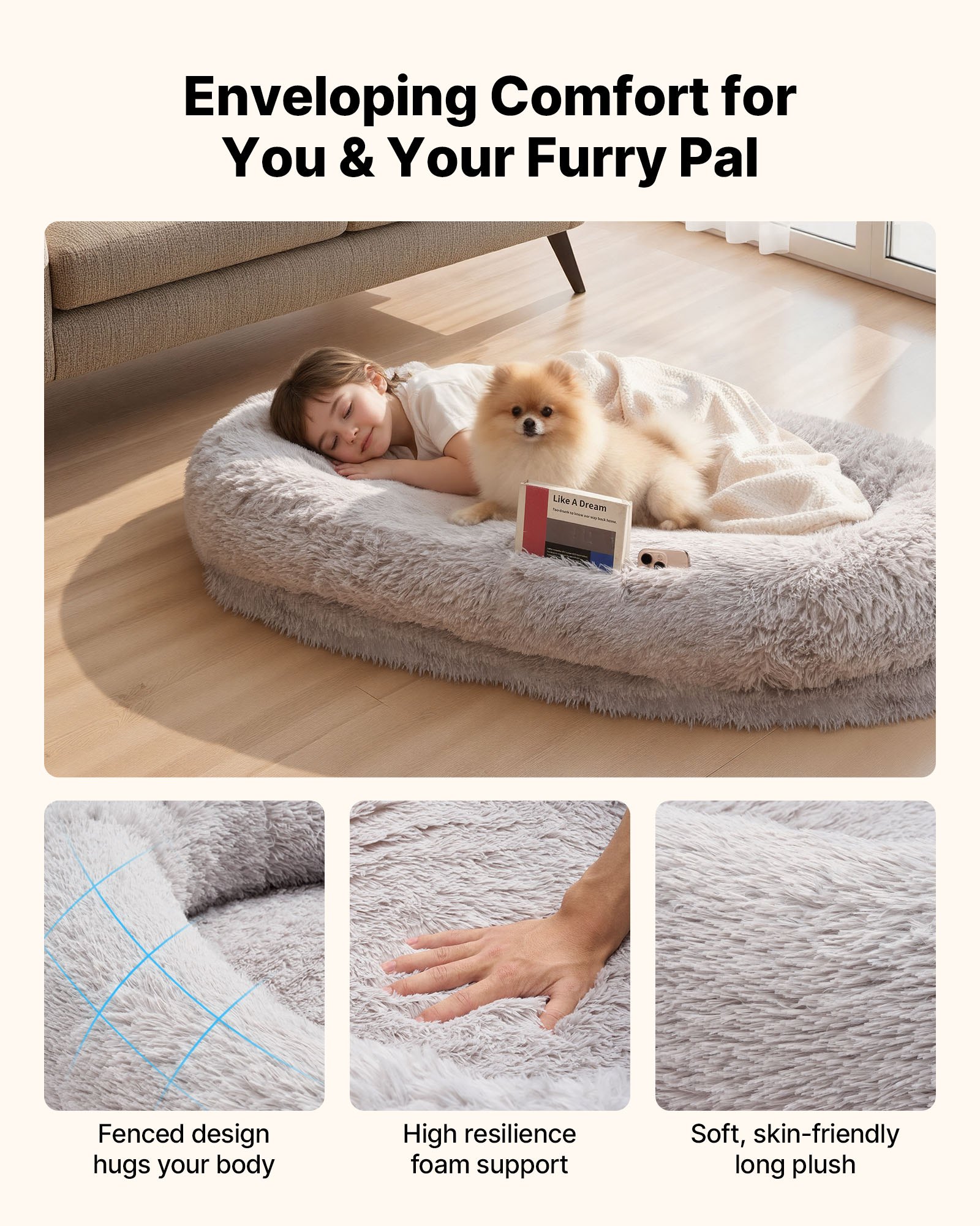 VEVOR Hundebett für Menschen & Hunde, 132x86x24 cm, Memory-Schaum-Hundebett in Menschengröße, mit Seitentasche, Griff & Reißverschluss, abnehmbarer, maschinenwaschbarer Bezug, Langplüsch, Grau