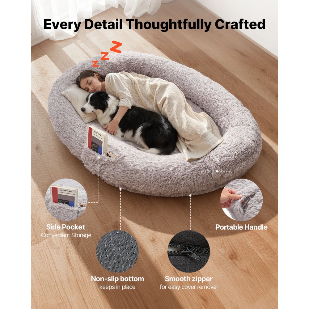 VEVOR Hundebett für Menschen, 1710x1000x240 mm, Memory-Schaum-Hundebett in Menschengröße, mit Seitentasche, Griff & Reißverschluss, abnehmbarer, maschinenwaschbarer Bezug, Hochflor, Grau