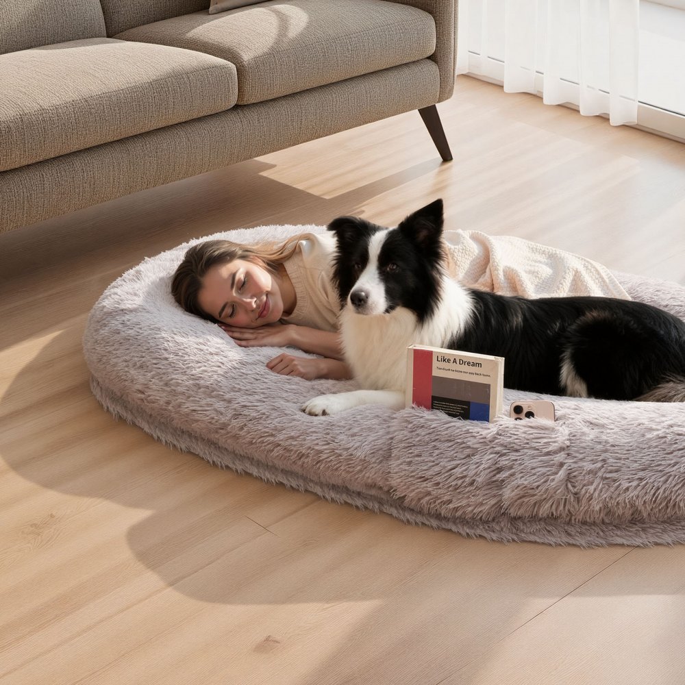 VEVOR Hundebett für Menschen, 1710x1000x240 mm, Memory-Schaum-Hundebett in Menschengröße, mit Seitentasche, Griff & Reißverschluss, abnehmbarer, maschinenwaschbarer Bezug, Hochflor, Grau