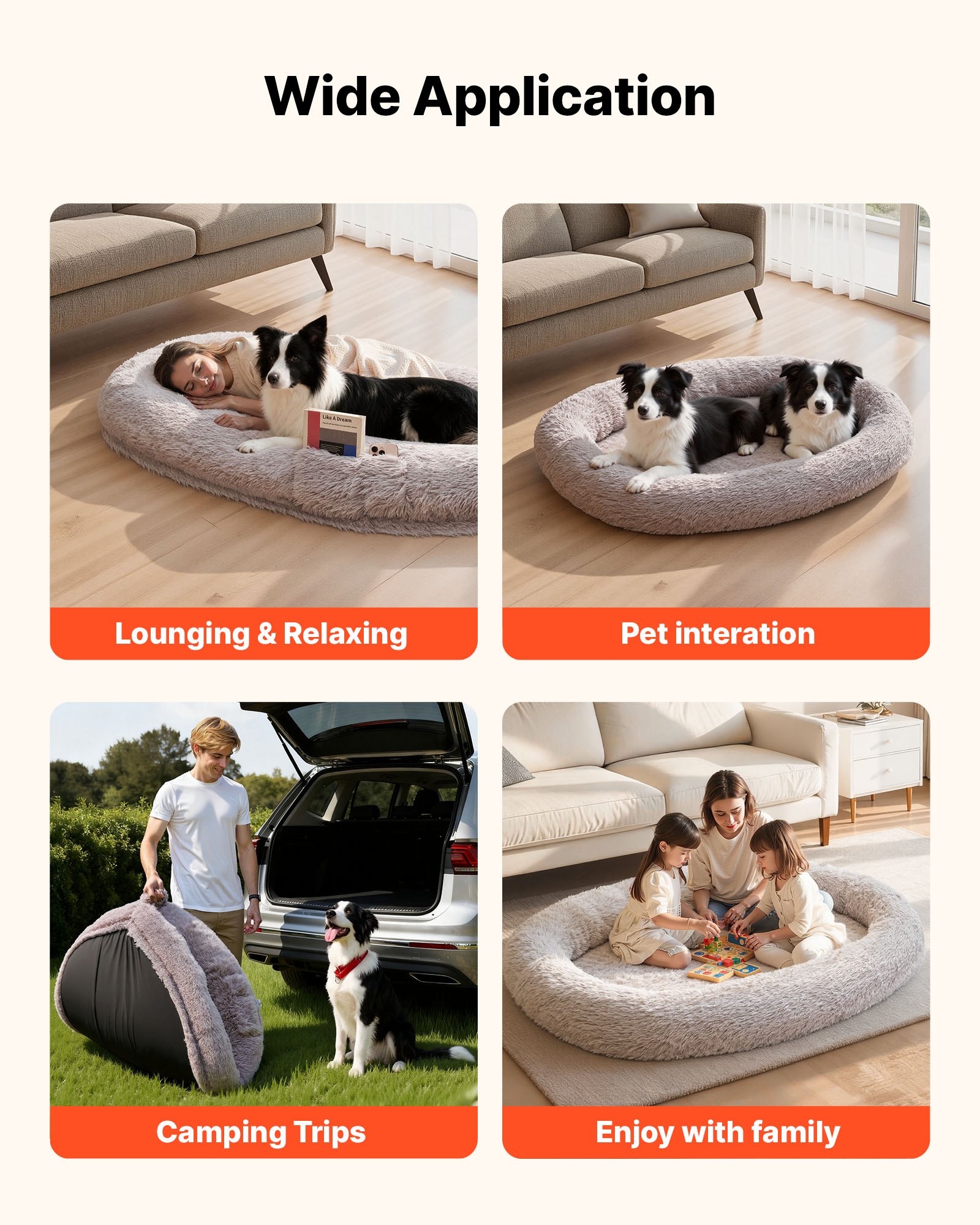 VEVOR Hundebett für Menschen, 1710x1000x240 mm, Memory-Schaum-Hundebett in Menschengröße, mit Seitentasche, Griff & Reißverschluss, abnehmbarer, maschinenwaschbarer Bezug, Hochflor, Grau