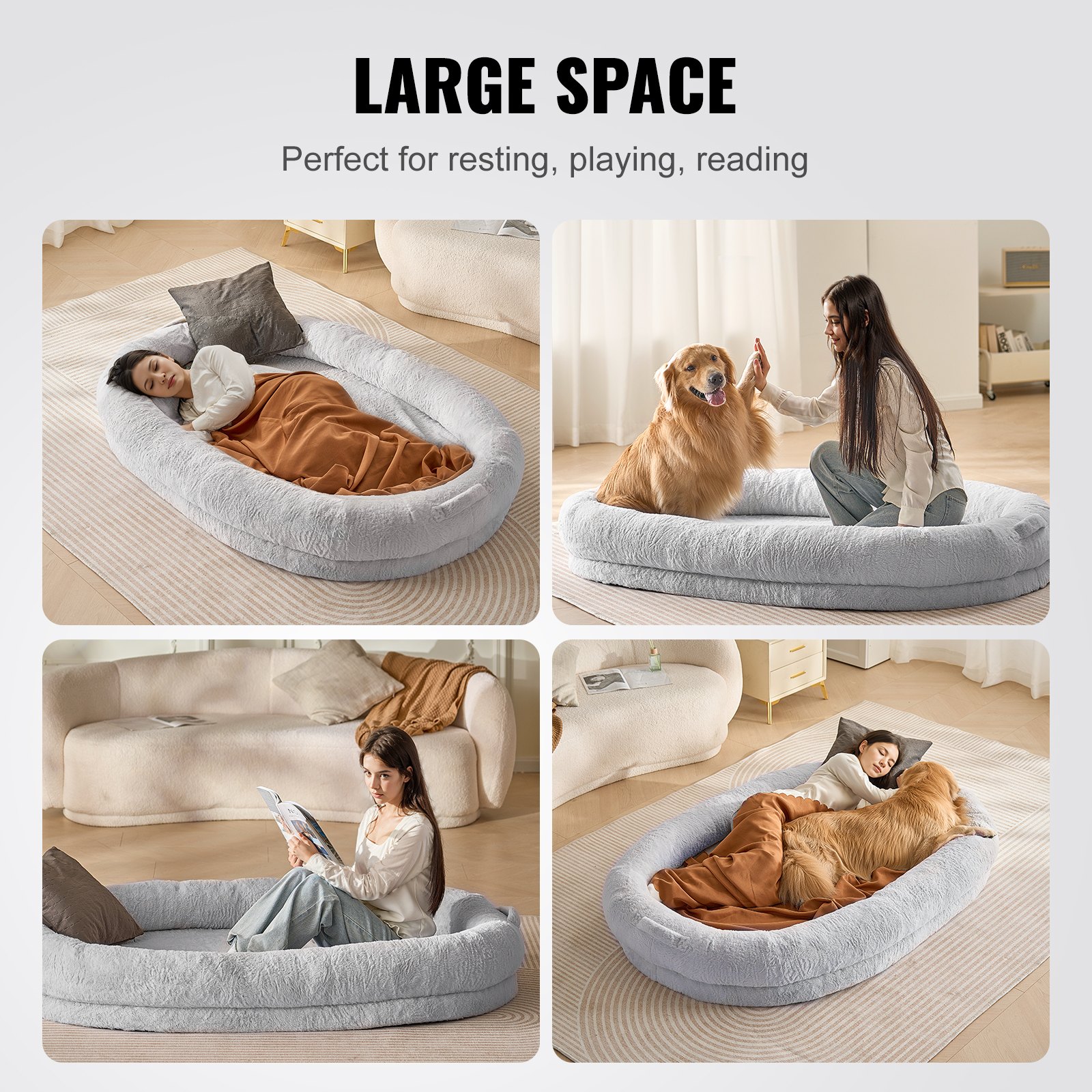 VEVOR Hundebett für Menschen, 183 x 122 x 25 cm, Hundebett für Erwachsene, Hundebett in Menschengröße mit waschbarem Bezug aus Kaninchenfellimitat, orthopädischem Eierschaum, Aufbewahrungstasche, großes Bohnenbett für Hunde, Hellgrau