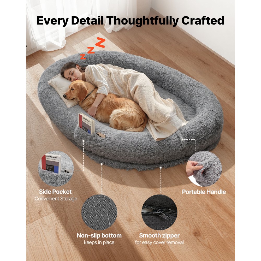 VEVOR Human Dog Bed, 1740 x 1180 x 240 mm Orthopedic Memory Foam Human Sized Dog Bed, Humans Pet Beds with Side Pocket, Handle & Zipper, Removable Machine-Washable Dogs Beds for Humans, Dark Gray