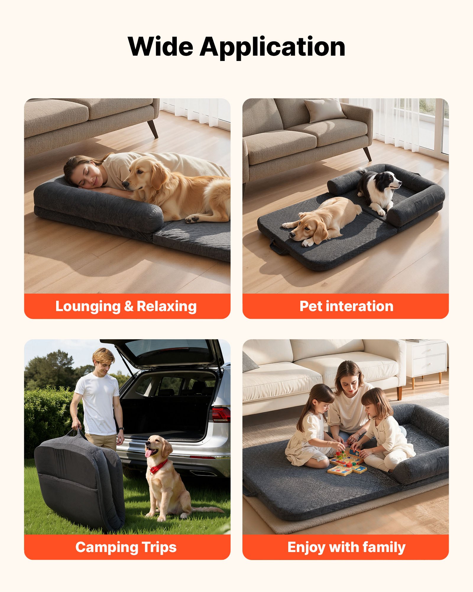 VEVOR Hundebett für Menschen & Hunde, 179x95x24 cm, Memory-Schaum-Hundebett in Menschengröße, mit Seitentasche, Griff & Reißverschluss, abnehmbarer, maschinenwaschbarer Bezug, Kurzflor, Dunkelgrau