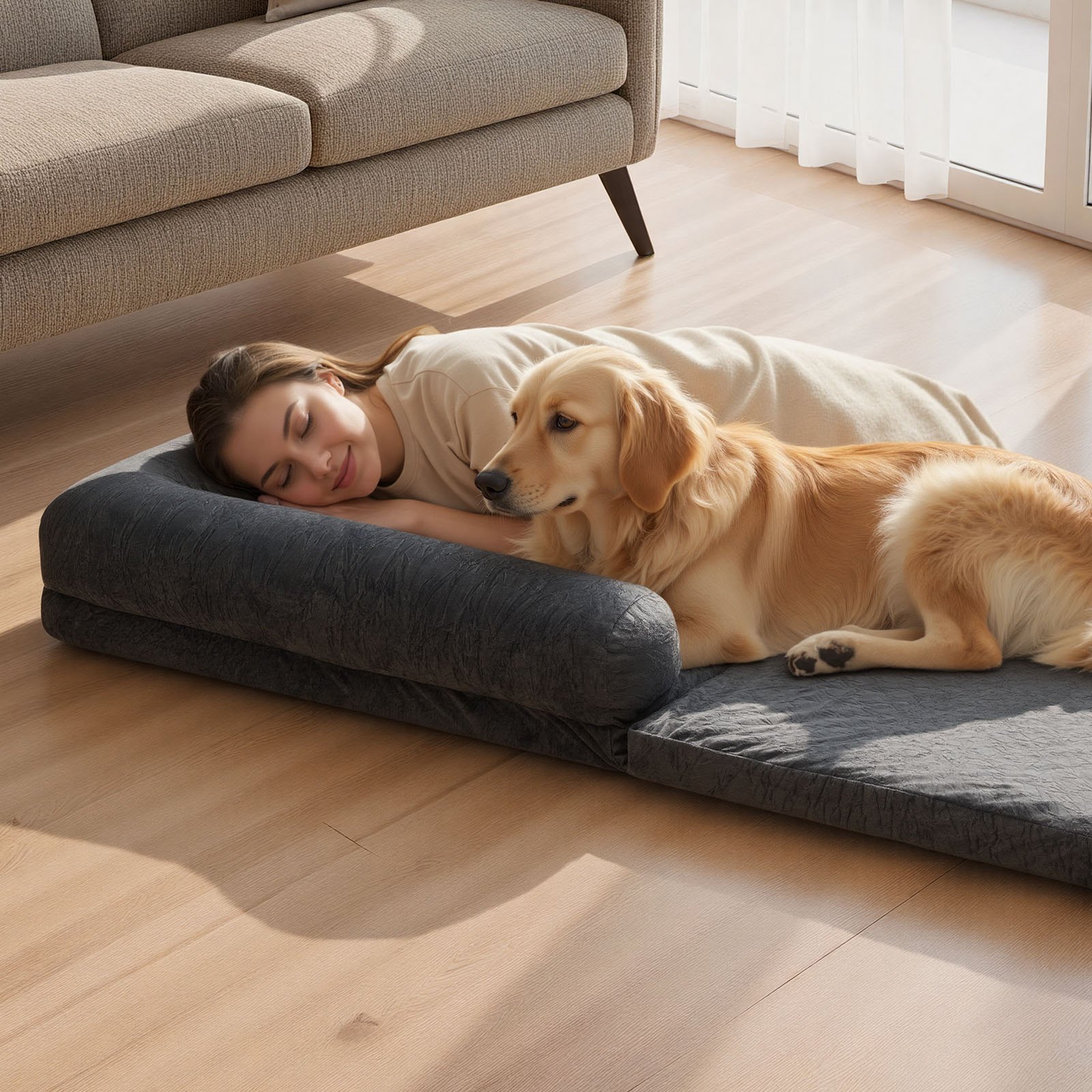 VEVOR Hundebett für Menschen & Hunde, 179x95x24 cm, Memory-Schaum-Hundebett in Menschengröße, mit Seitentasche, Griff & Reißverschluss, abnehmbarer, maschinenwaschbarer Bezug, Kurzflor, Dunkelgrau