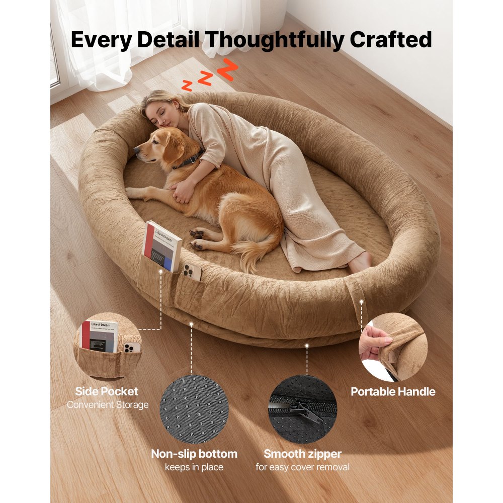 VEVOR Human Dog Bed, 1770 x 1230 x 240 mm Orthopedic Memory Foam Human Sized Dog Bed, Humans Pet Beds with Side Pocket, Handle & Zipper, Removable Machine-Washable Dogs Beds for Humans, Brown
