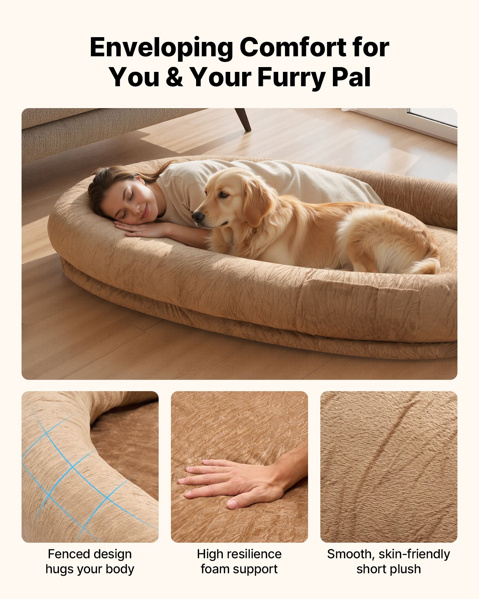 VEVOR Human Dog Bed, 1770 x 1230 x 240 mm Orthopedic Memory Foam Human Sized Dog Bed, Humans Pet Beds with Side Pocket, Handle & Zipper, Removable Machine-Washable Dogs Beds for Humans, Brown