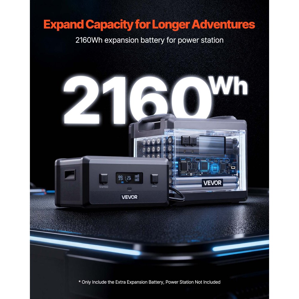 VEVOR Zusatzakku für tragbare Powerstation, 2160 Wh LiFePO4-Erweiterungsakku mit 3 Anschlüssen, für Zuhause, Camping, Roadtrips, Wohnmobile und Notfälle (Powerstation & Solarpanel NICHT enthalten)